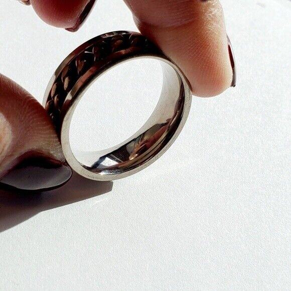 Mens Titanium Ring Sz 12.75 Jewelry Band Coffee Tone Steel Cuban Link Inlay - Picture 6 of 6